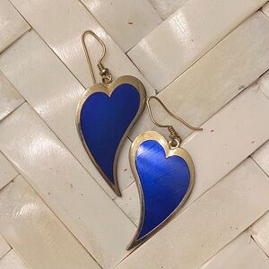 VTG 80s Laurel Burch HEART Dangle Earrings Cobalt Blue Cloisonne Gold Plated